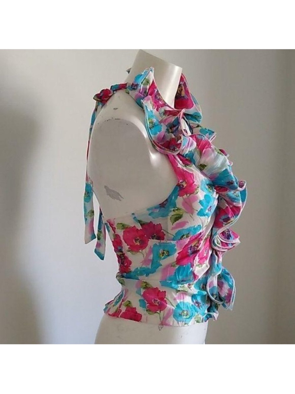 Floral Ruffle V-Neck Sleeveless Top - Pink & Teal - Picture 5 of 8